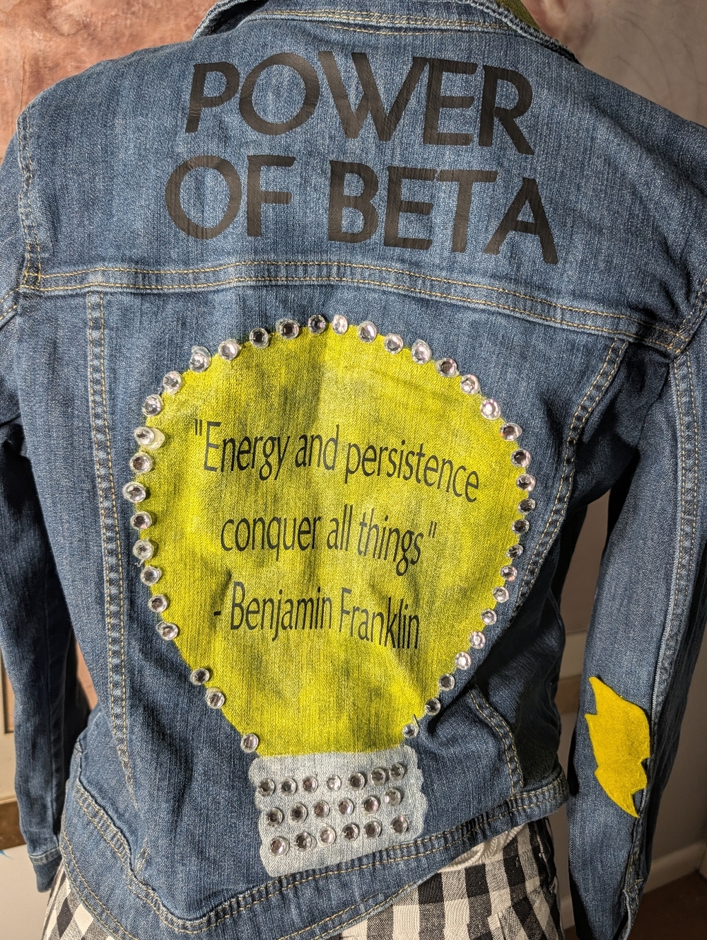 Merona POWER OF BETA Denim Jacket Benjamin Franklin Lightbulb Graphic Size M